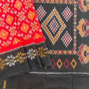 Telia Rumal Red & BlaCK Single Ikkat Cotton Saree