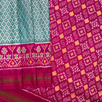 Pink & Green Ikkat Silk Sari in pure Mulberry silk