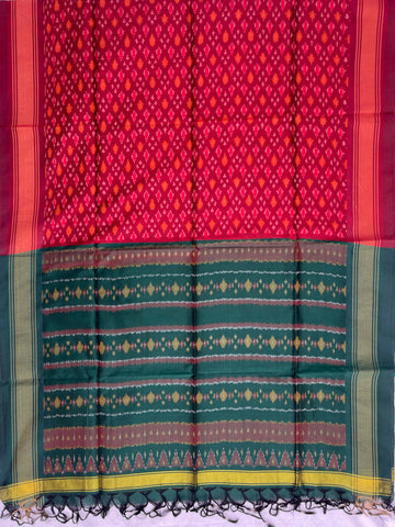 Red & Green Pochampally ikkat Silk Cotton Duppata