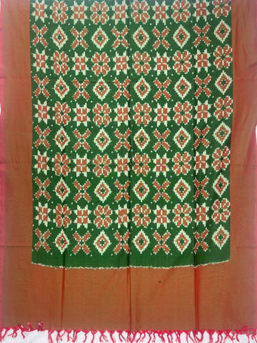 Pochampally Ikkat Cotton Duppata In Green & Red Colour