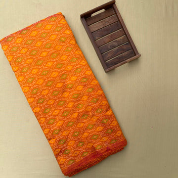 Orange  Color Ikkat Raw silk Fabric