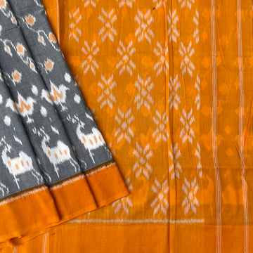 Grey & Mustard Yellow Ikkat Cotton sari