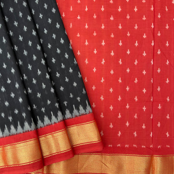 Black & Red Ikkat cotton Sari with zari