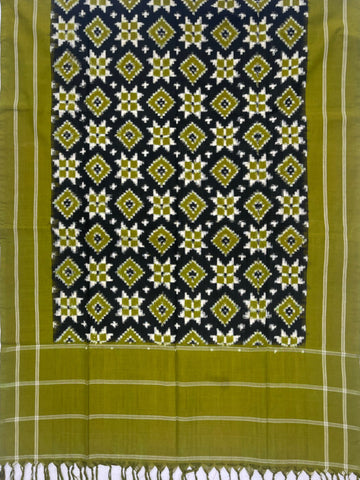 Telia Rumal Ikkat Cotton Duppata In Mahendi Green & Black Color