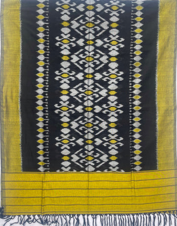 Pochampally Ikkat Cotton Duppata In Black & Mahendi Green