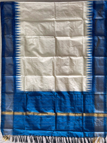 Half White & Blue colour Ikkat Handloom silk duppata