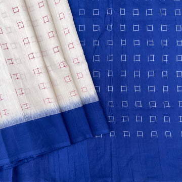 Double Ikkat Off white & Blue Ikkat Cotton Sari