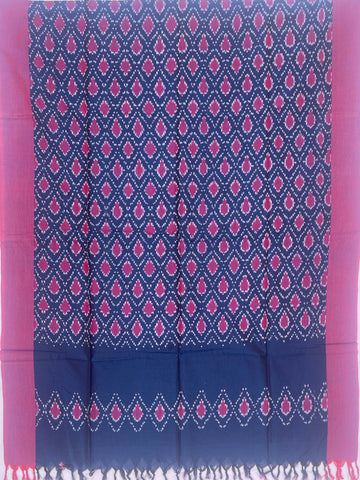 Pochampally Ikkat Cotton Duppata In NavyBlue & Magenta pink