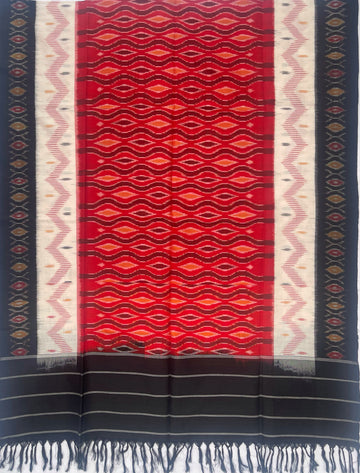Pochampally Ikkat Cotton Duppata In Red & Black Multi Colours