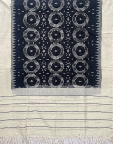 Pochampally Ikkat Cotton Duppata In Black & Off White Colour