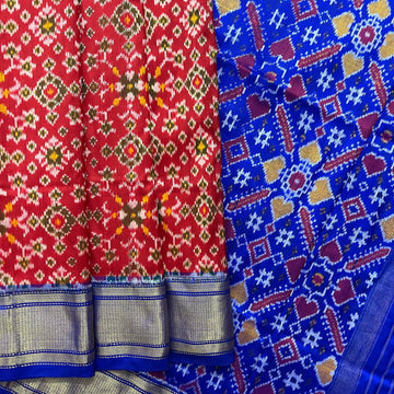 Narikuja Ikkat Silk Sari in Red & Blue