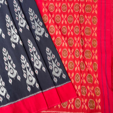 Uzbek ikkat Cotton Saree in Navy Blue & Red