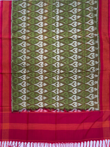 Pochampally Ikkat Cotton Duppata In Green & Red Colour