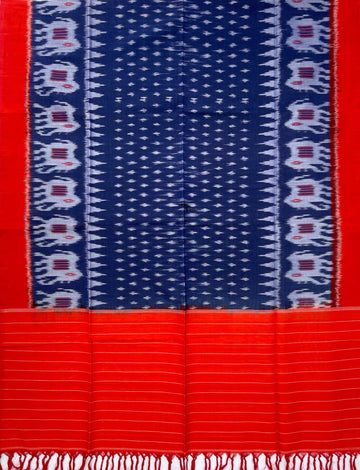 Pochampally Ikkat Cotton Duppata In Red & Blue Colour