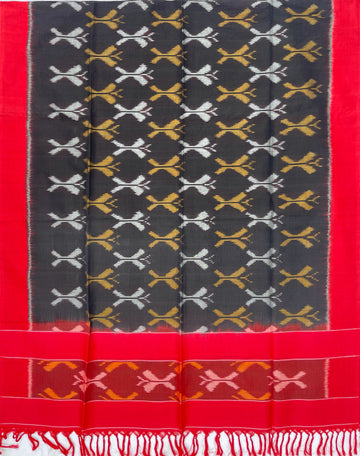 Pochampally Ikkat Cotton Duppata In Black & Red Colour