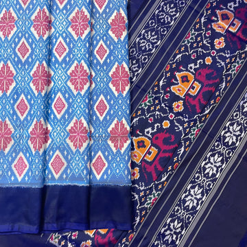 Blue Cambodian Ikkat Silk Sari in Mullberry silk