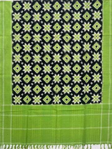 Telia Rumal Ikkat Cotton Duppata In Parrot Green & Black Color