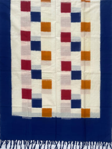 Pochampally Ikkat Cotton Duppata In Blue & Off White Multi Colour