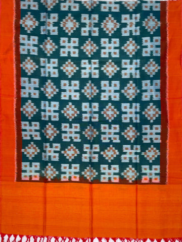 Pochampally Ikkat Cotton Duppata In Green & Orange Colour