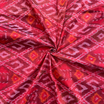 Red Uzbek ikkat Raw silk fabric
