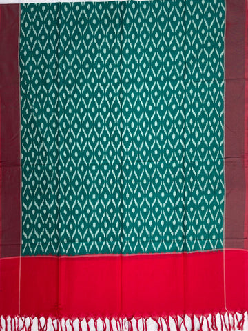 Pochampally Ikkat Cotton Duppata In Red & Indigo Green