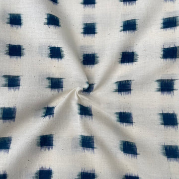 Off White & Navy Blue Pochampally Ikkat Cotton Fabric