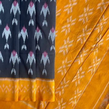 FIsh Design Black & Yellow Ikkat cotton saree