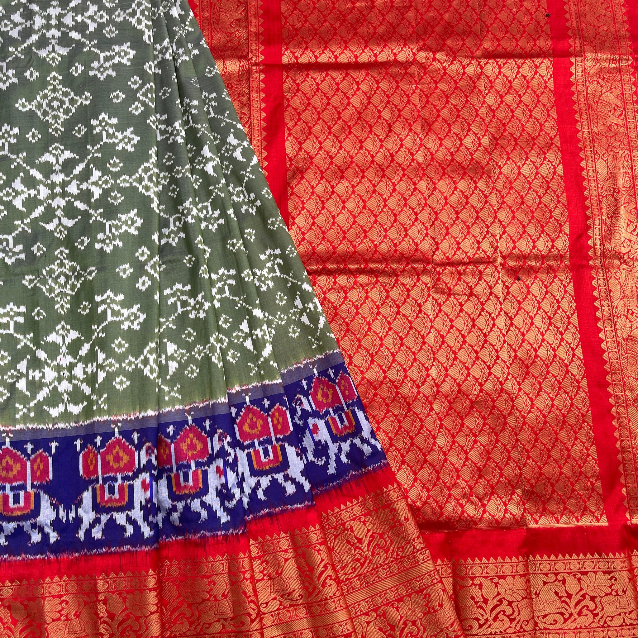 Olive green Kanchi Border Ikkat silk Sari Birdal Collection