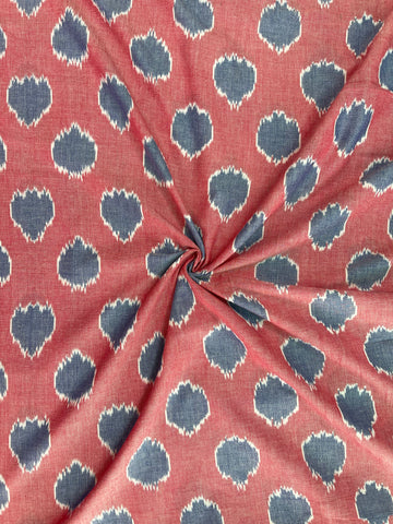 Polka Dots PastelPink BAse with Blue Handloom ikkat Cotton Fabric