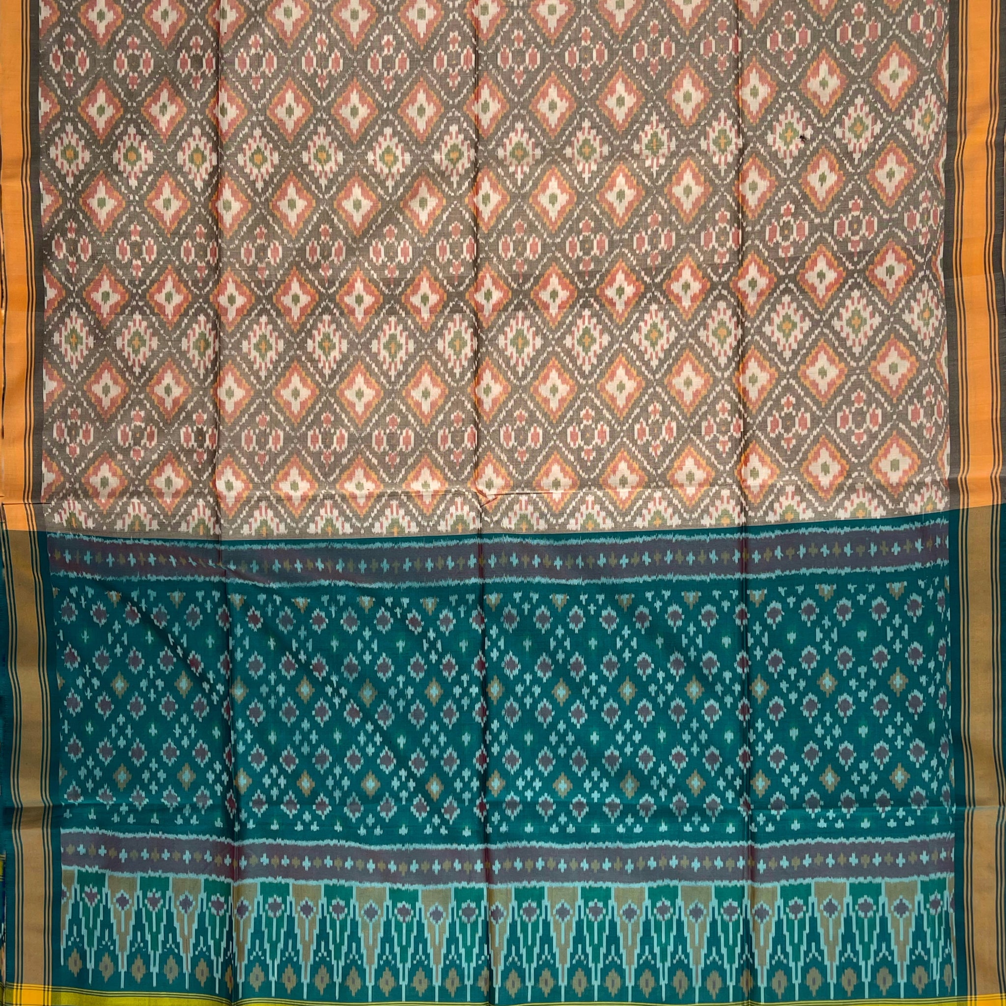 Gray & Rama Green Color Pochampally Ikkat Silk Cotton Duppata
