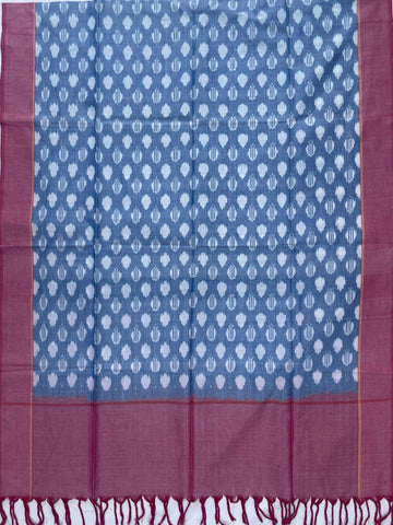 Pochampally Ikkat Cotton Duppata In Sky Blue & Maroon Colour