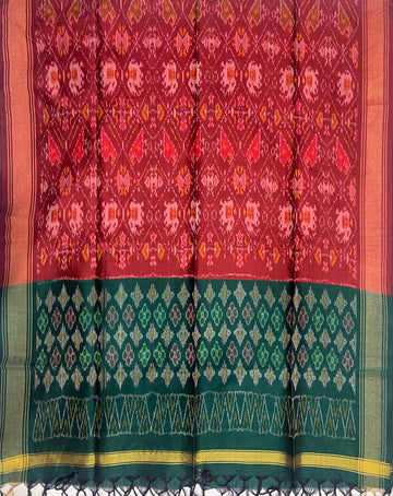 Maroon & Green Colour Pochampally Ikkat Silk Cotton Duppata