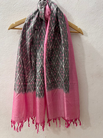 Grey & Pink Pochampally Ikat Stole | Handwoven Cotton