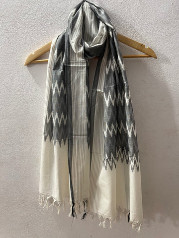 Grey & White Pochampalli Ikat Stole | Handwoven Cotton
