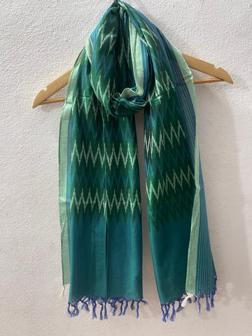 Sea Green Chevron Pochampalli Ikat Stole | Handwoven Cotton