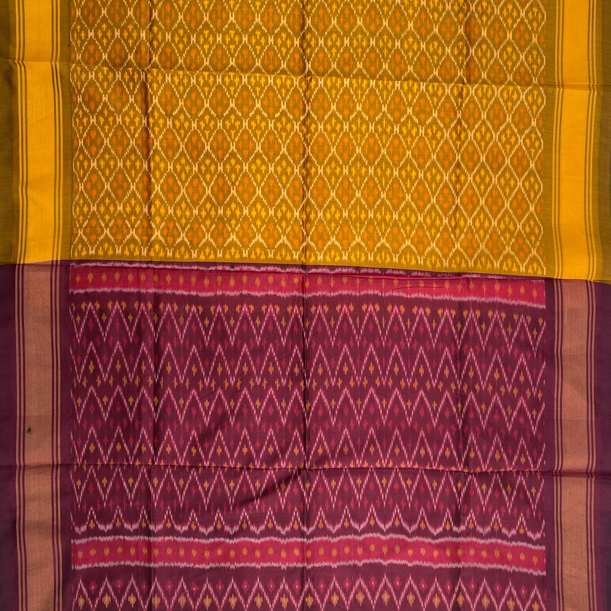 Silk Cotton Duppata in Mustard Yellow with Marron