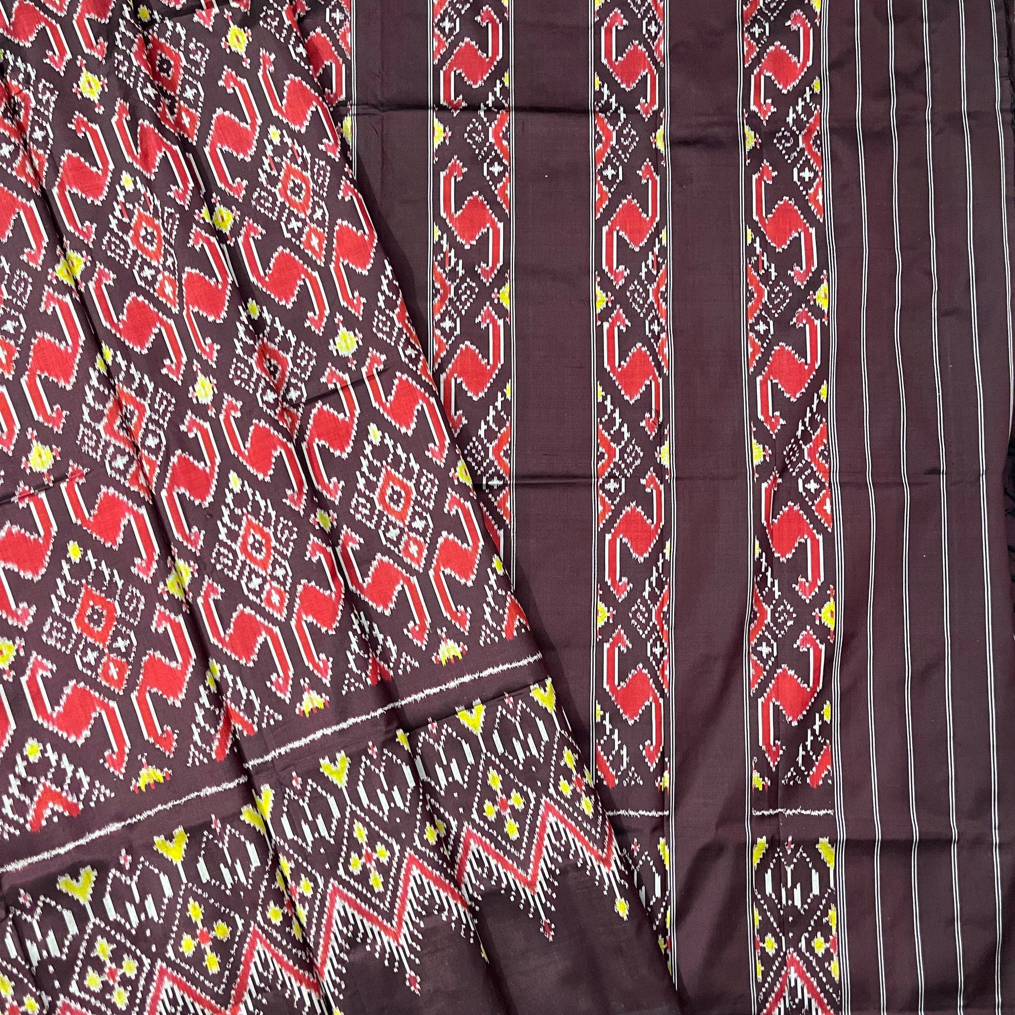 chocolate  Brown Combodian ikkat Silk sari