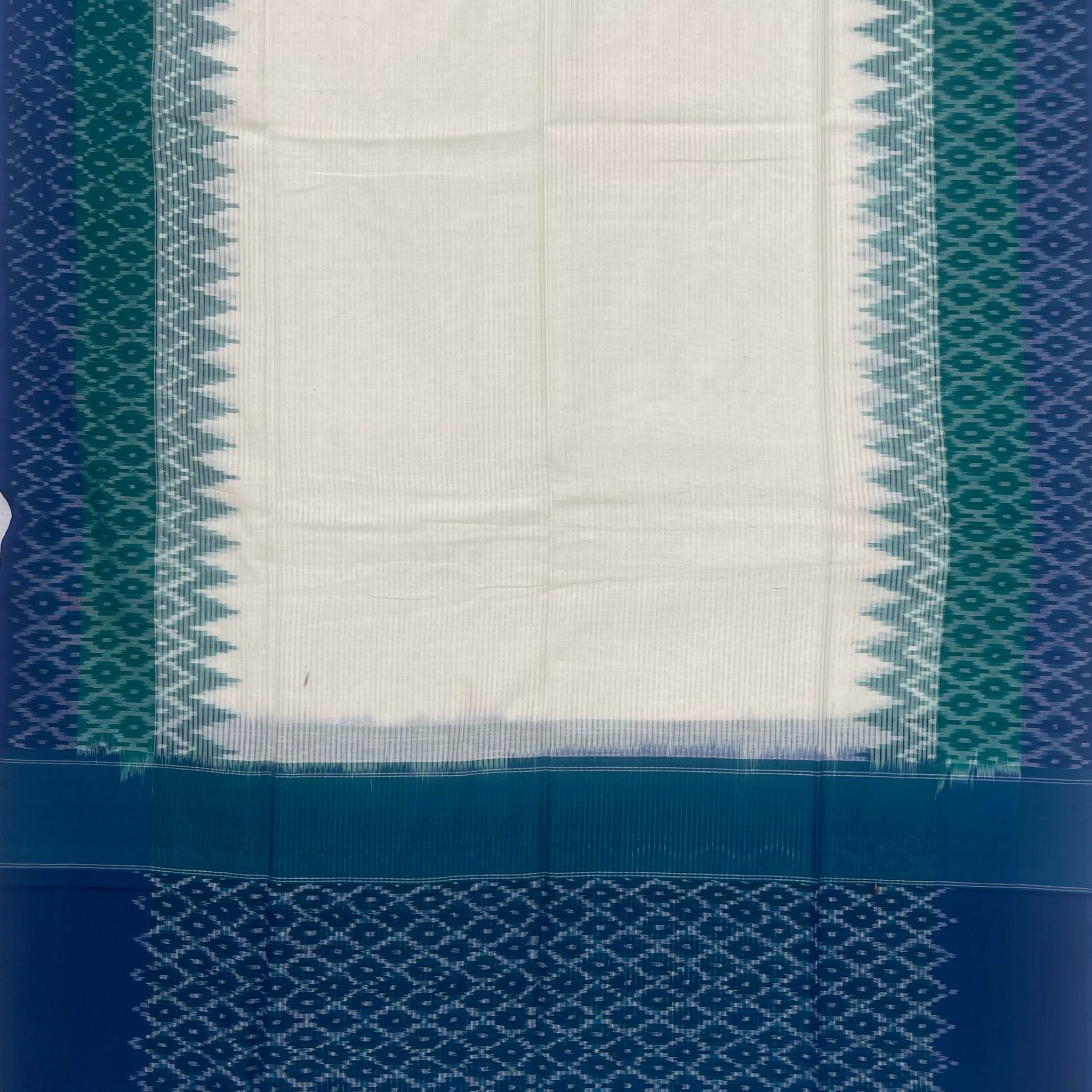 Pochampally Ikkat Cotton Duppata In Off White & Blue &Green