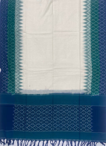 Pochampally Ikkat Cotton Duppata In Off White & Blue &Green