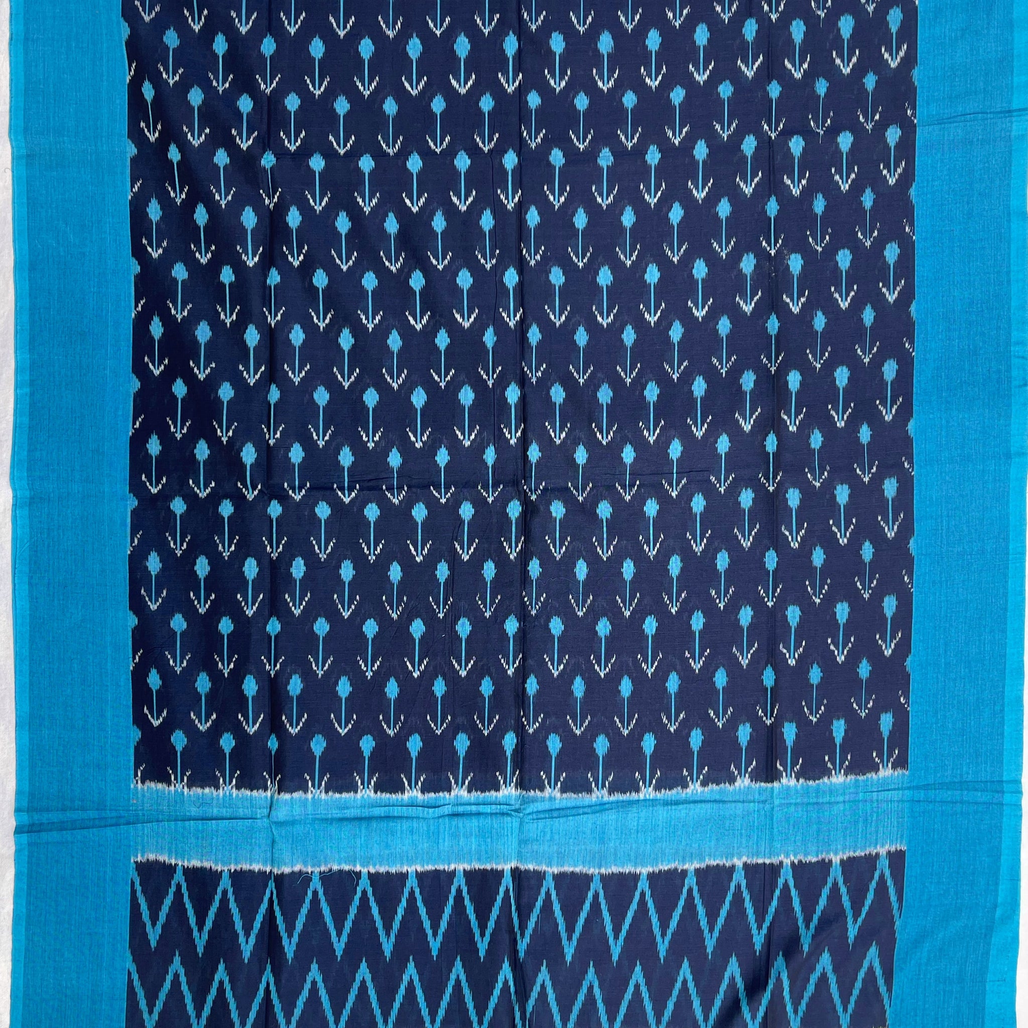 Pochampally Ikkat Cotton Duppata In Navy Blue & Sky Blue Colour