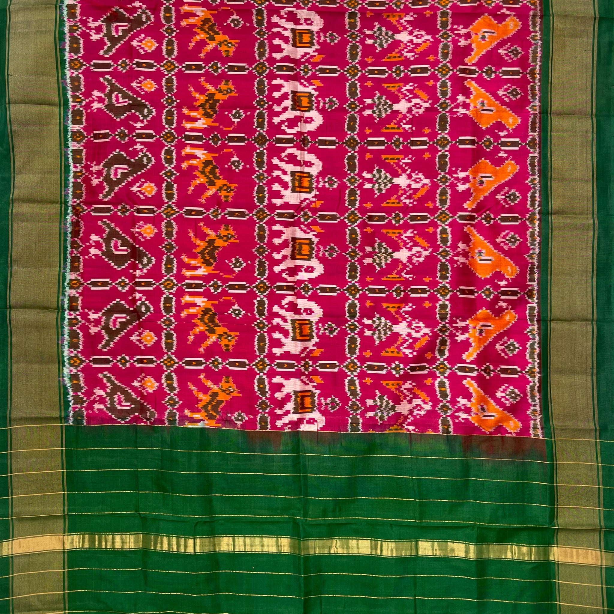 Green & Pink colour Pochampalli Ikkat Handloom silk duppata
