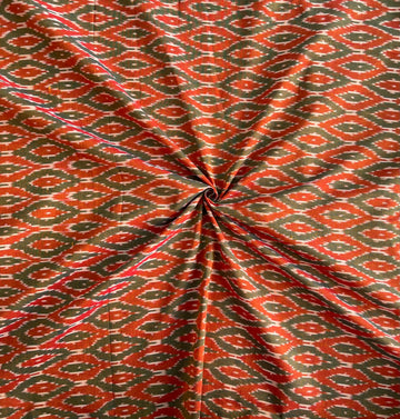 Pure Cotton Fabric Mercerised Orange & Green Ikkat Handloom Cotton Fabric