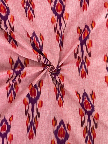 Pure Cottons Baby Pink Base With Small Uzbek Ikkat Handloom Cotton Fabric