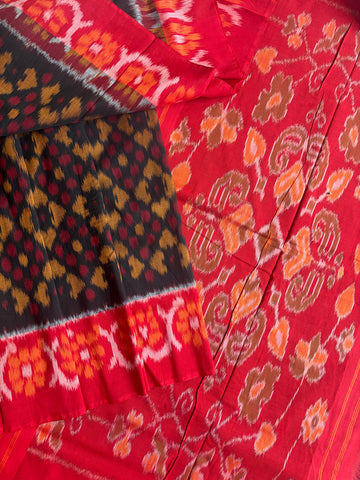 Black & Red Double Ikkat Handloom Cotton Saree with Floral Pallu