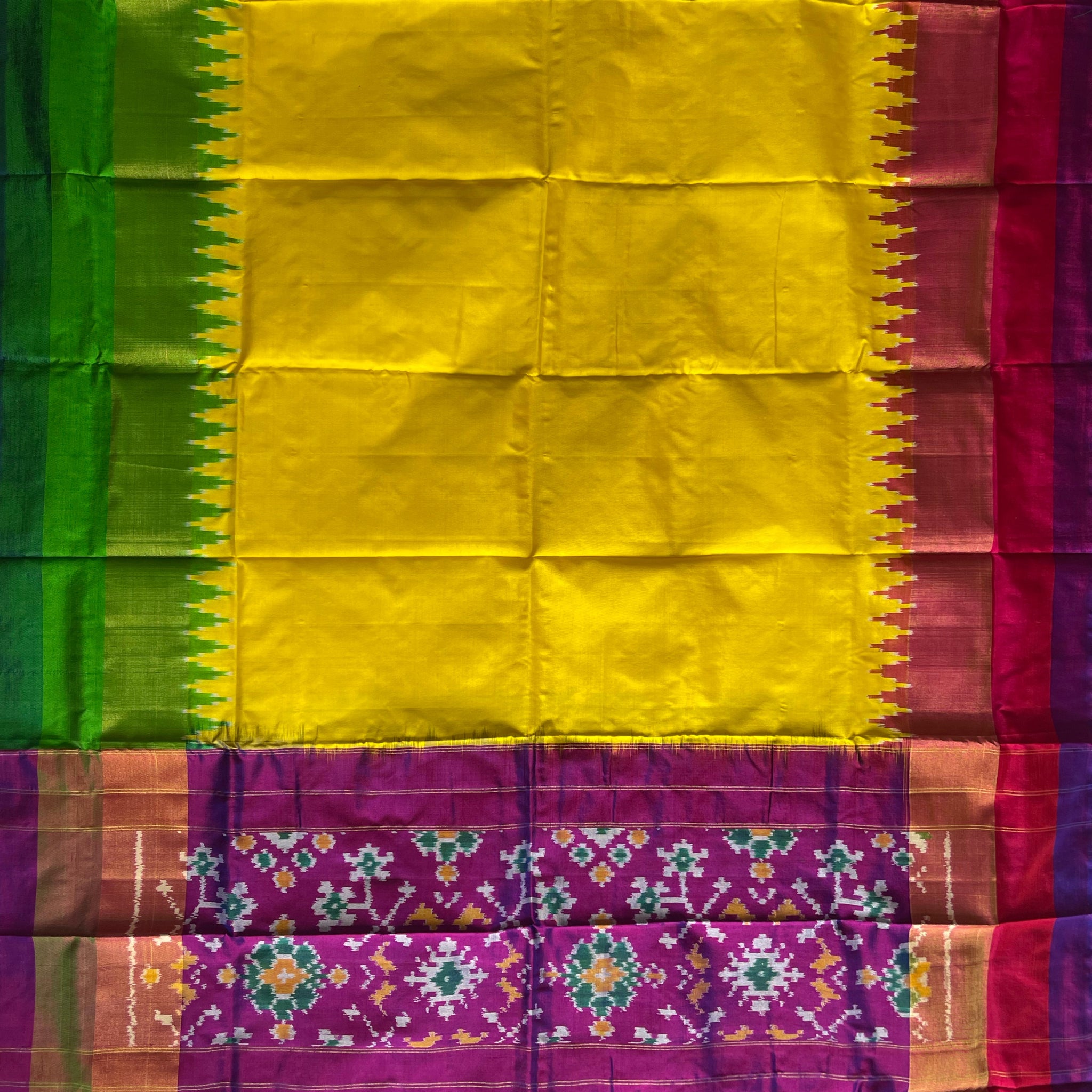 Green & Lemon Yellow & Pink colour Pochampalli Ikkat Handloom silk duppata