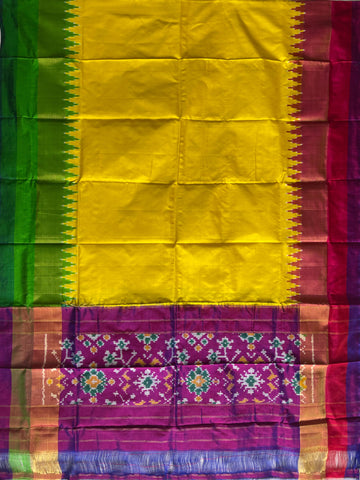 Green & Lemon Yellow & Pink colour Pochampalli Ikkat Handloom silk duppata
