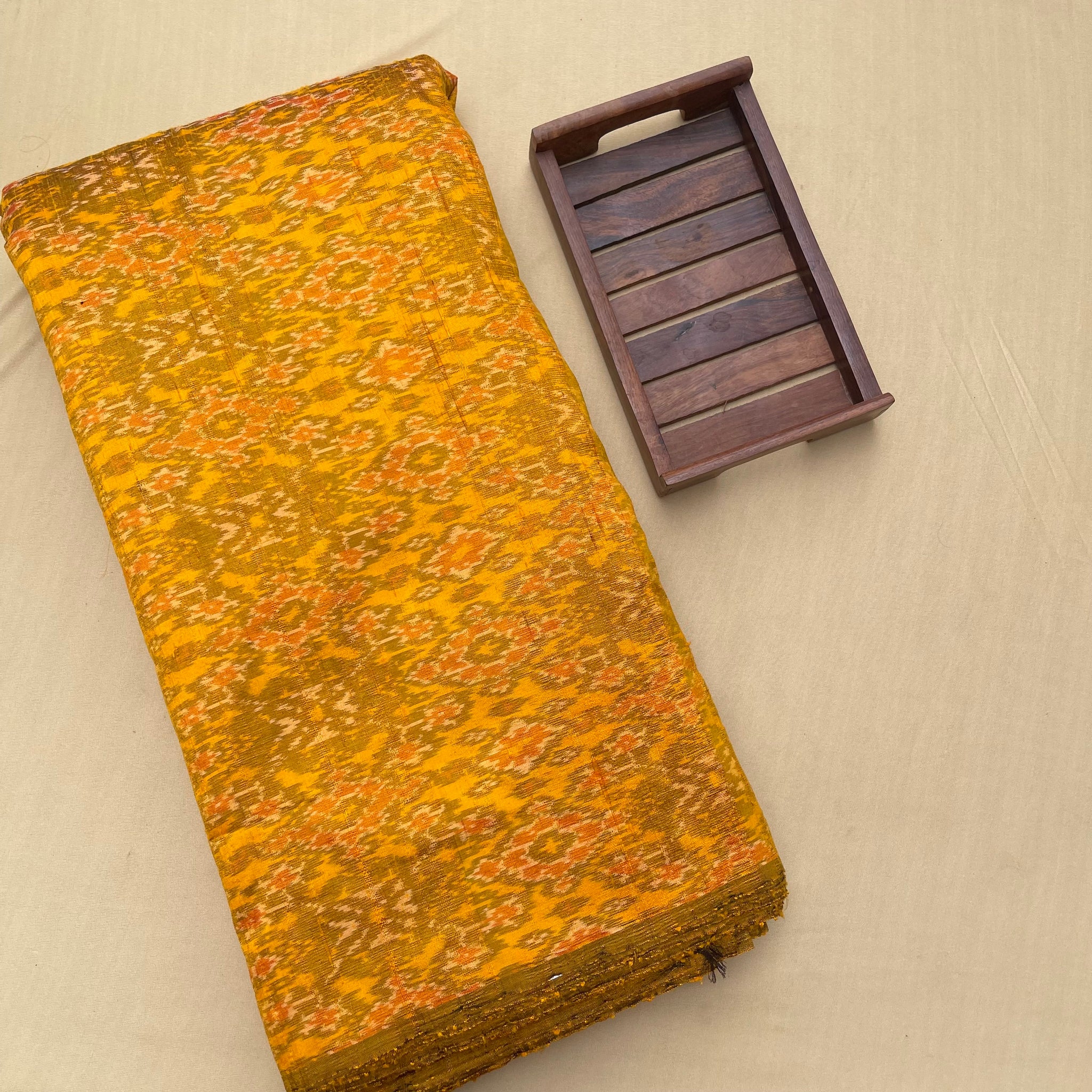 Yellow Color Ikkat  silk Cotton Fabric