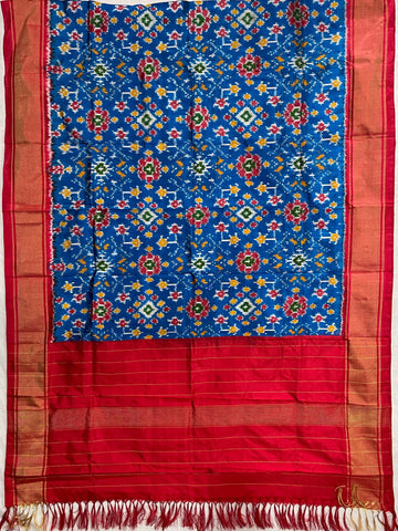 Blue & Red colour Ikkat Handloom silk duppata