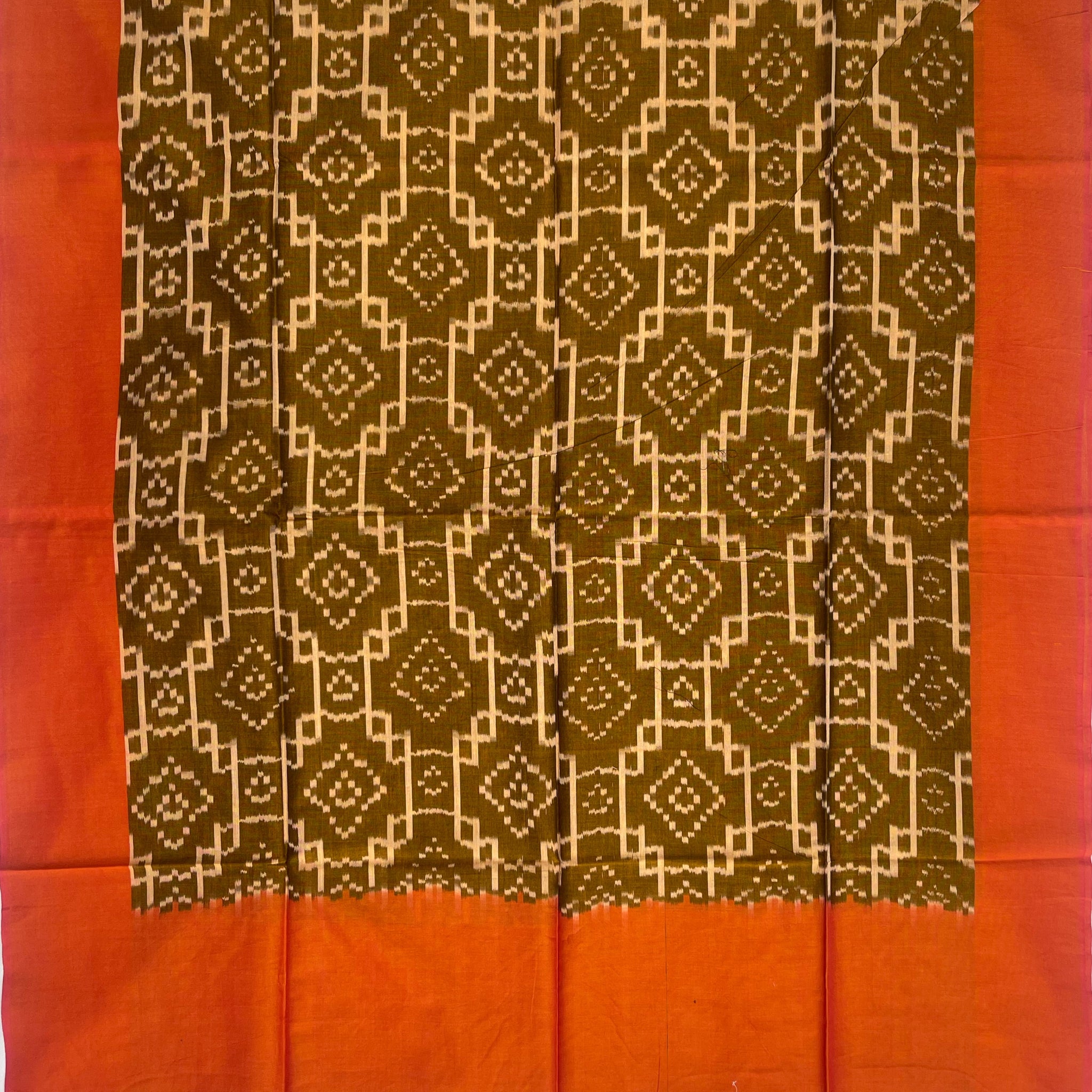 Pochampally Ikkat Cotton Duppata In Mahendi Green Colour