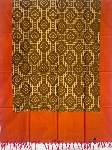 Pochampally Ikkat Cotton Duppata In Mahendi Green Colour